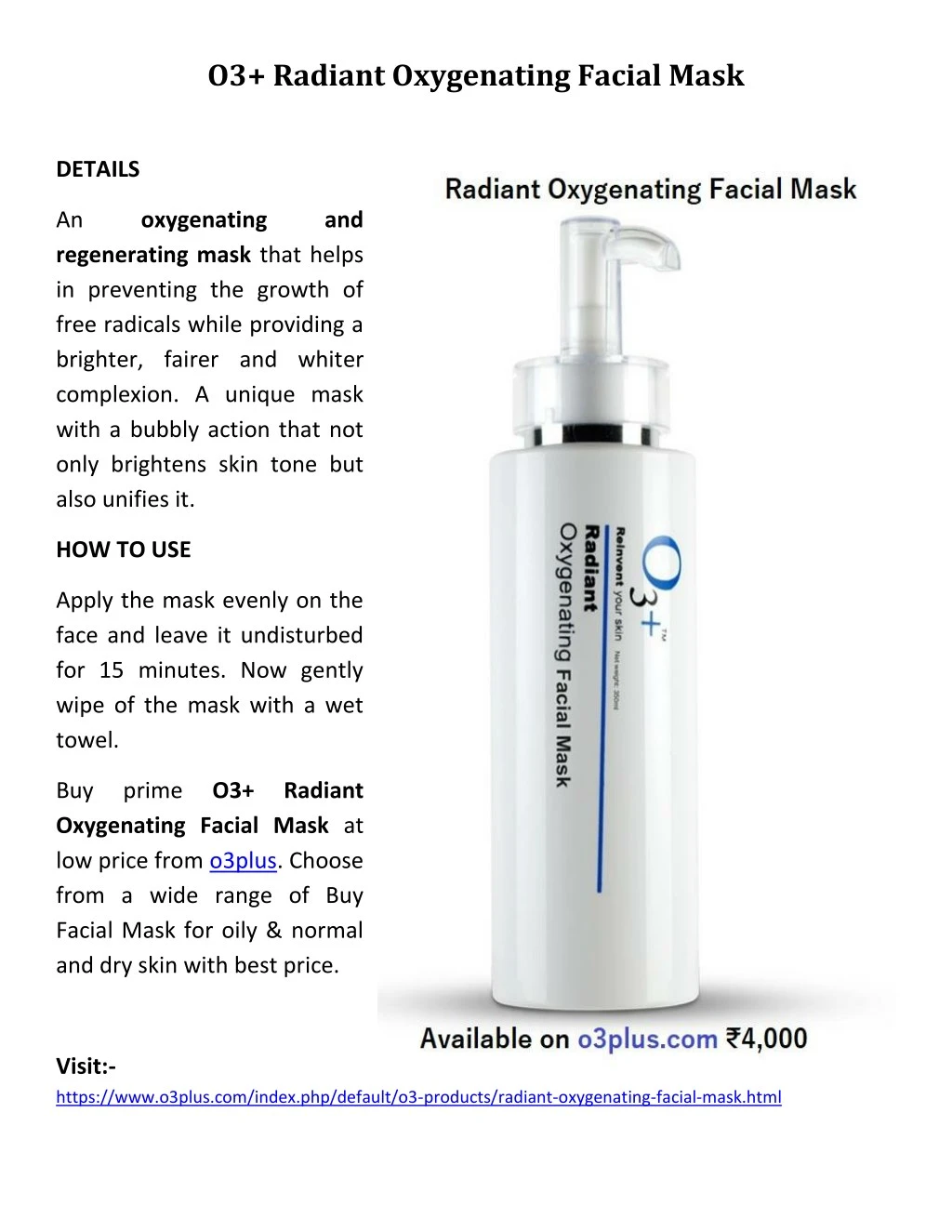 o3 radiant oxygenating facial mask