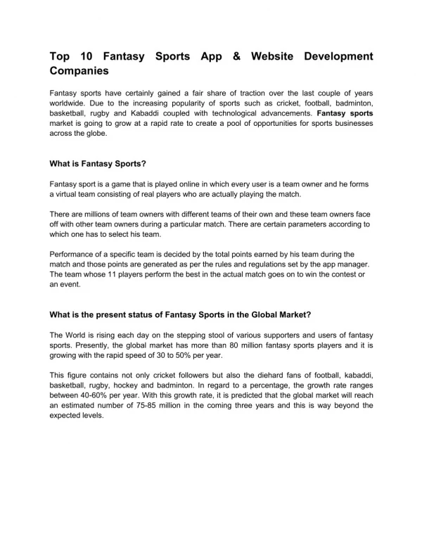 Top 10 Fantasy Sports App & Website Development Companies