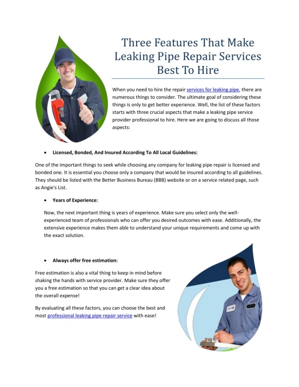Three Features That Make Leaking Pipe Repair Services Best To Hire