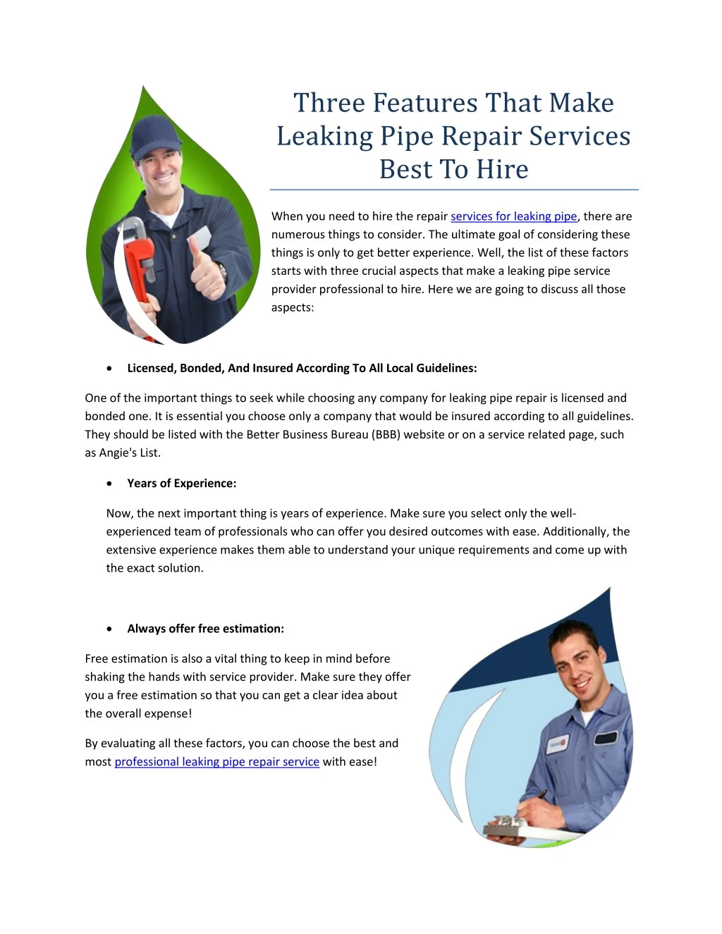 three features that make leaking pipe repair