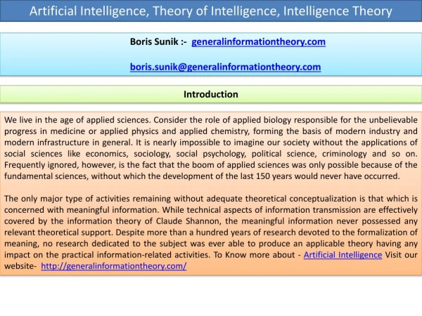 Theory of Intelligence, Artificial Intelligence