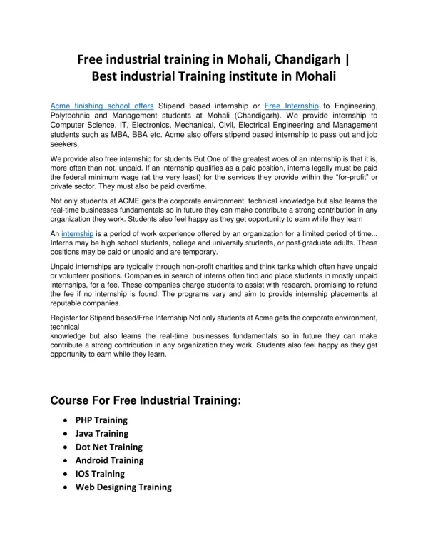 Free industrial training in Mohali ,Chandigarh | Best industrial Training institute in Mohali