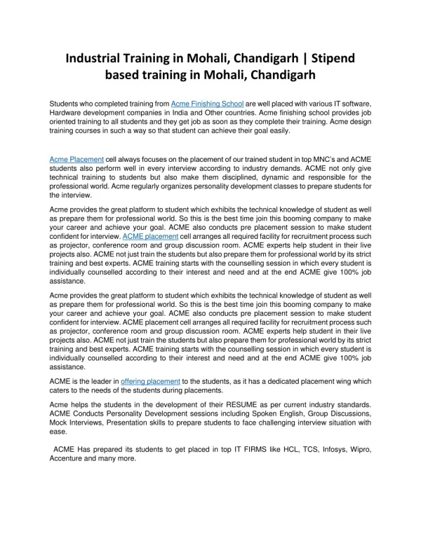 Industrial Training in Mohali ,Chandigarh | Stipened based training in Mohali ,Chandigarh