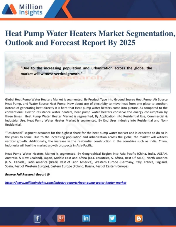Heat Pump Water Heaters Market Segmentation, Outlook and Forecast Report By 2025