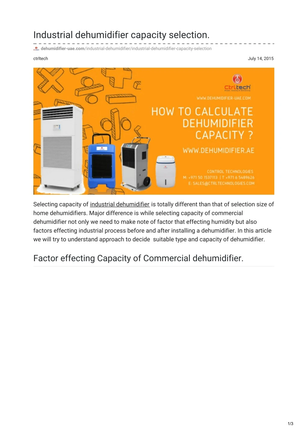 industrial dehumidifier capacity selection
