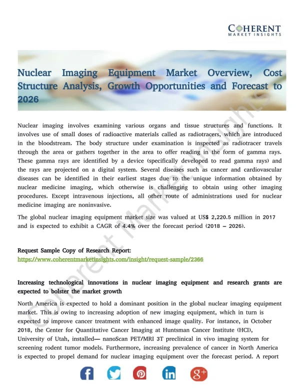 Nuclear Imaging Equipment Market Provides An In-Depth Insight Of Sales And Trends Forecast To 2026