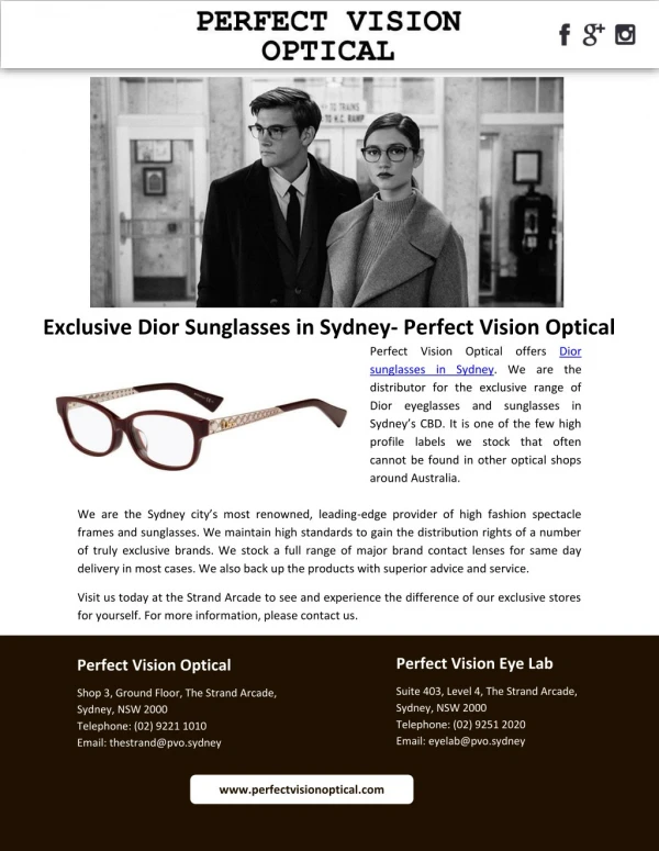 Exclusive Dior Sunglasses in Sydney- Perfect Vision Optical