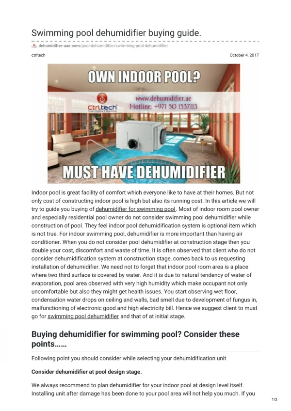 Swimming pool dehumidifier buying guide to help indoor pool dehumidifier sizing & price #Dehumidifier