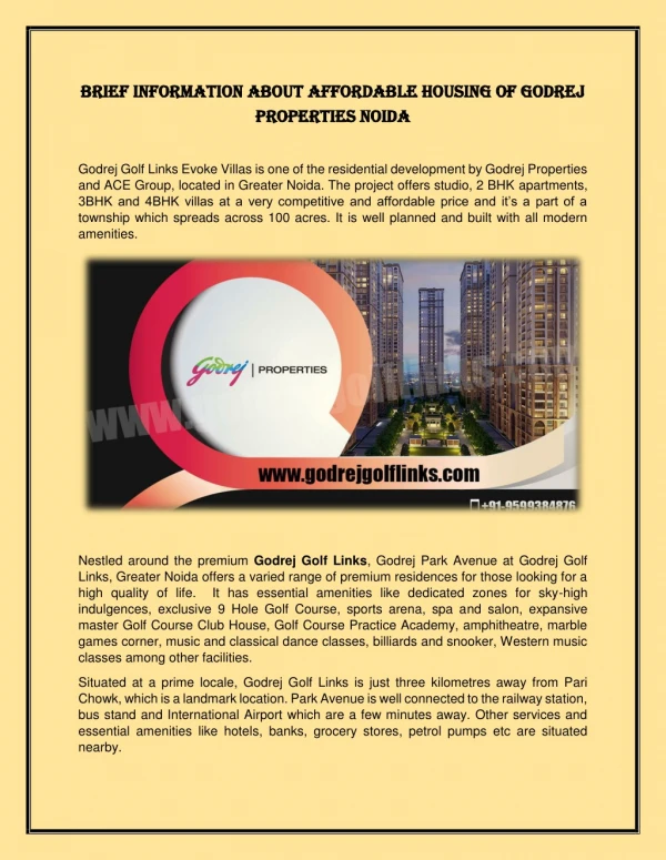 Brief Information about Affordable Housing of Godrej Properties Noida
