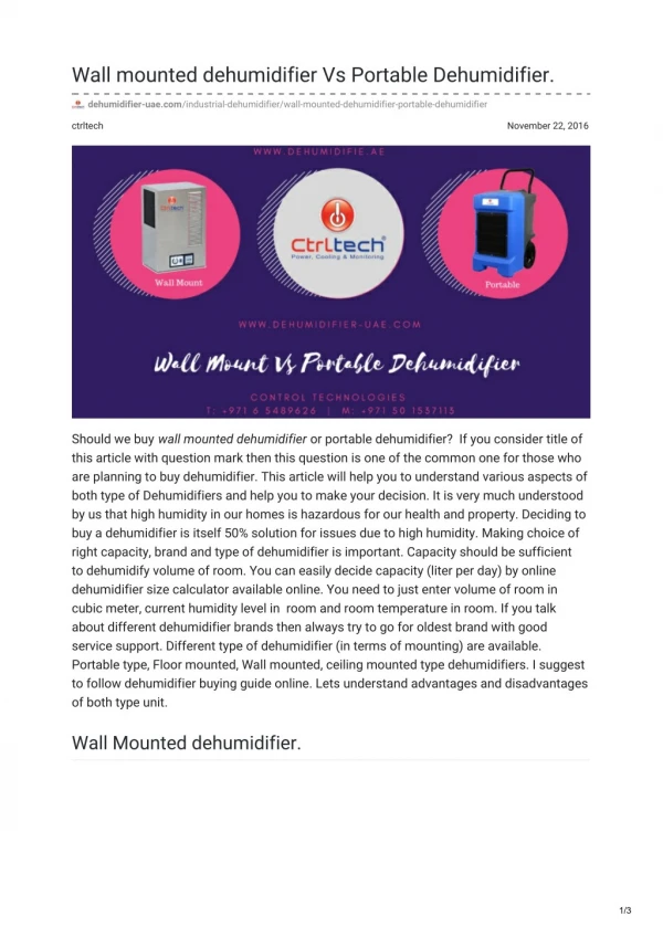 dehumidifier, dehumidifier uae, portable dehumidifier, wall mount dehumidifier