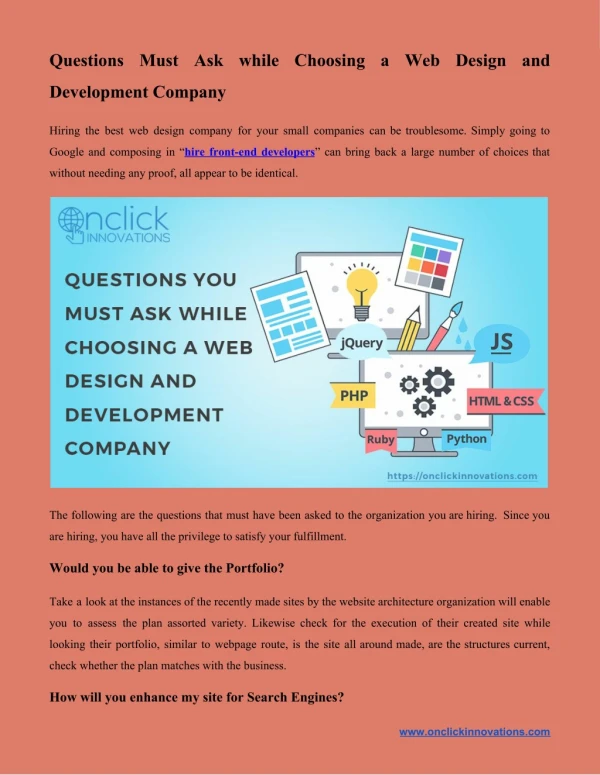 Questions Must Ask while Choosing a Web Design and Development Company