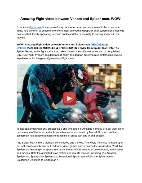 WOW. Amazing Fight video between Venom and Spider-man