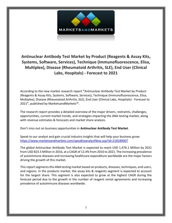 Antinuclear Antibody Test Market