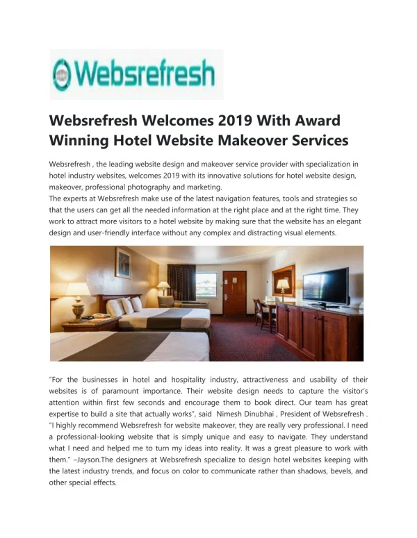 Websrefresh Welcomes 2019 With Award Winning Hotel Website Makeover Services
