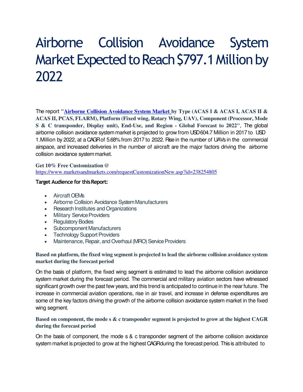 airborne collision avoidance system market expected to reach 797 1 million by 2022