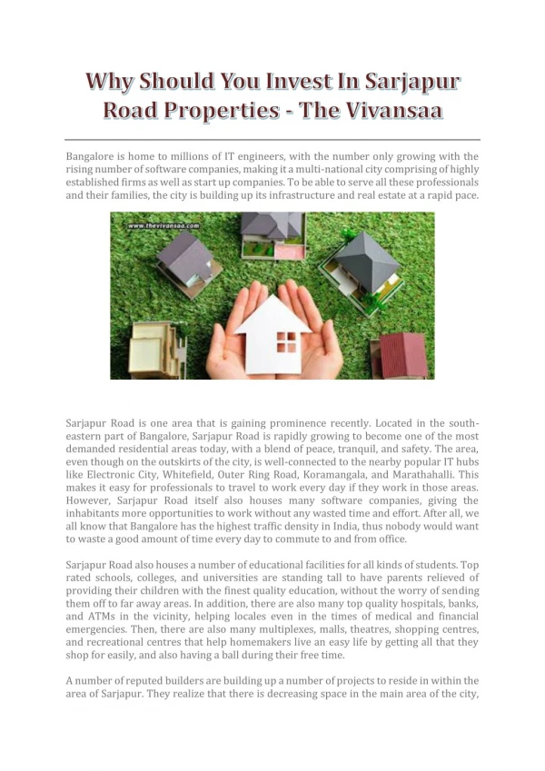 Why Should You Invest In Sarjapur Road Properties? - The Vivansaa