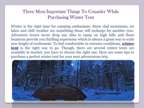 Three Most Important Things To Consider While Purchasing Winter Tent