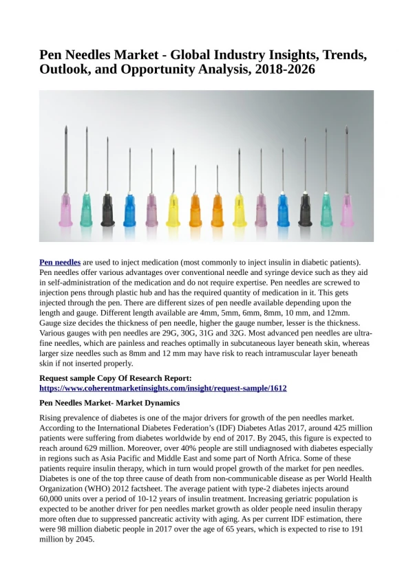 Pen Needles Market - Global Industry Insights, Trends, Outlook, and Opportunity Analysis, 2018-2026