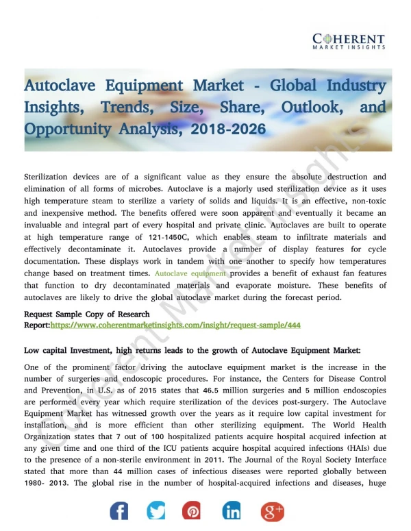 Autoclave Equipment Market - Global Industry Insights, Trends, Size, Share, Outlook, and Opportunity Analysis, 2018-2026