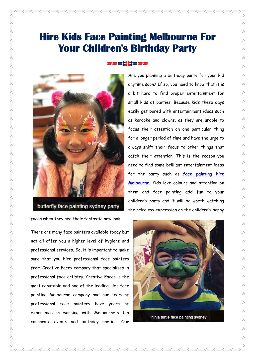 hire kids face painting melbourne for hire kids