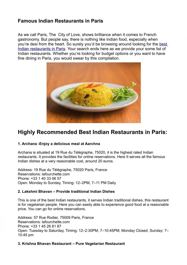 Famous Indian Restaurants in Paris