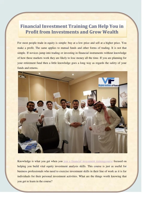 Financial Investment Training Can Help You in Profit from Investments and Grow Wealth