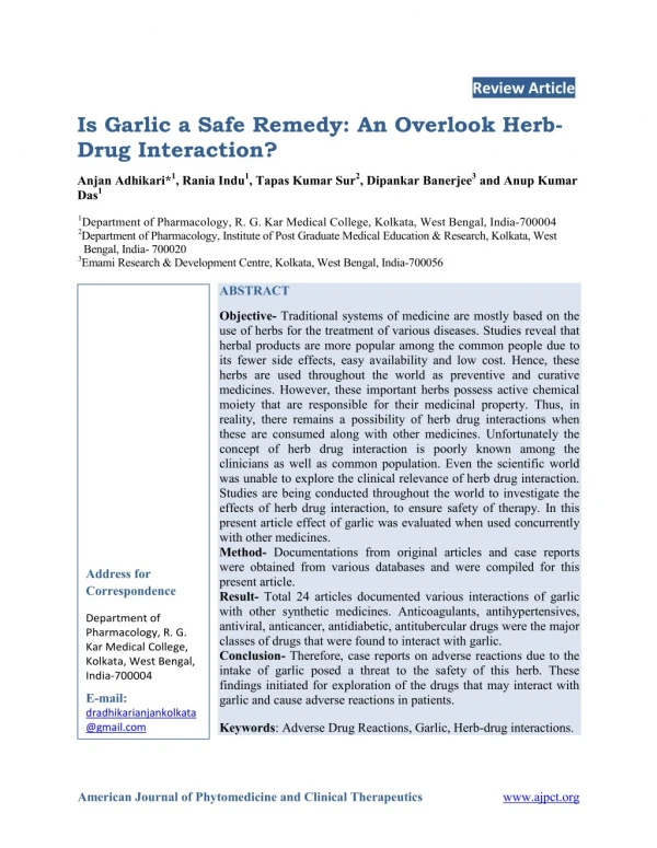 Is Garlic a Safe Remedy: An Overlook HerbDrug Interaction?