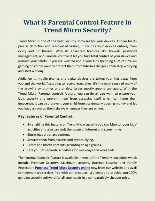 What is Parental Control Feature in Trend Micro Security?