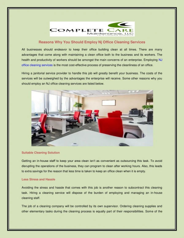 Reasons Why You Should Employ Nj Office Cleaning Services