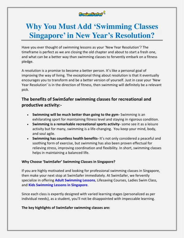 Why You Must Add ‘Swimming Classes Singapore’ in New Year’s Resolution?