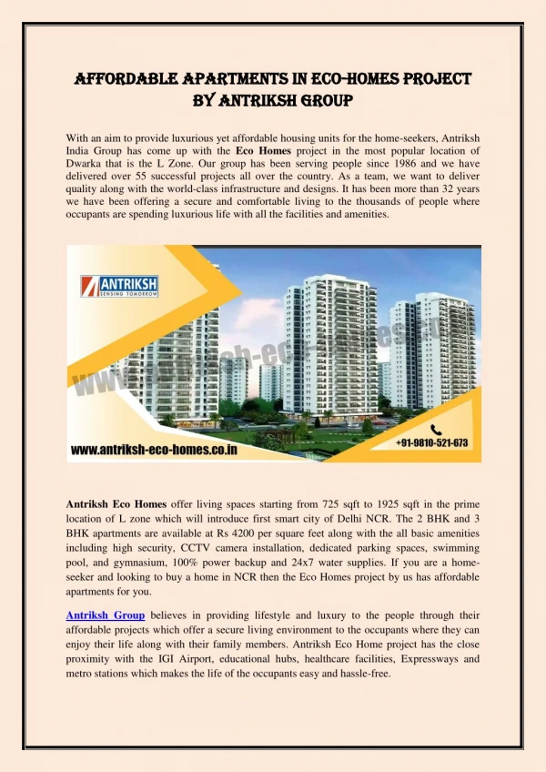 Affordable Apartments in Eco-Homes project by Antriksh Group
