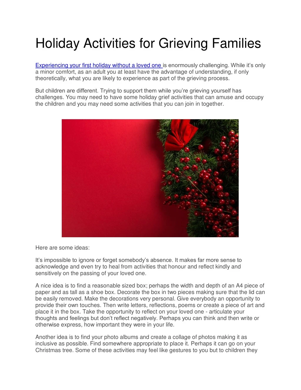 holiday activities for grieving families