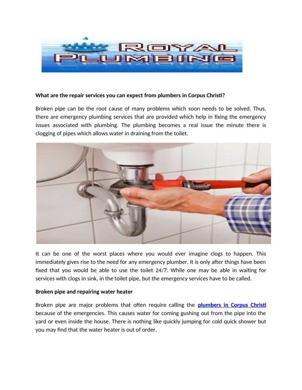 What are the repair services you can expect from plumbers in Corpus Christi?