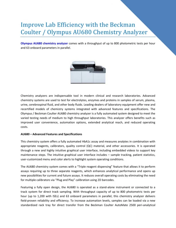 Improve Lab Efficiency with the Beckman Coulter / Olympus AU680 Chemistry Analyzer