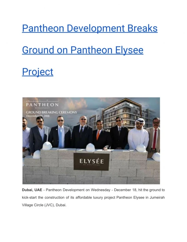 Pantheon Development Breaks Ground on Pantheon Elysee Project