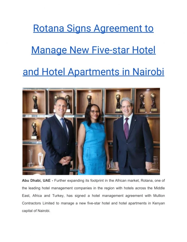 Rotana Signs Agreement to Manage New Five-star Hotel and Hotel Apartments in Nairobi
