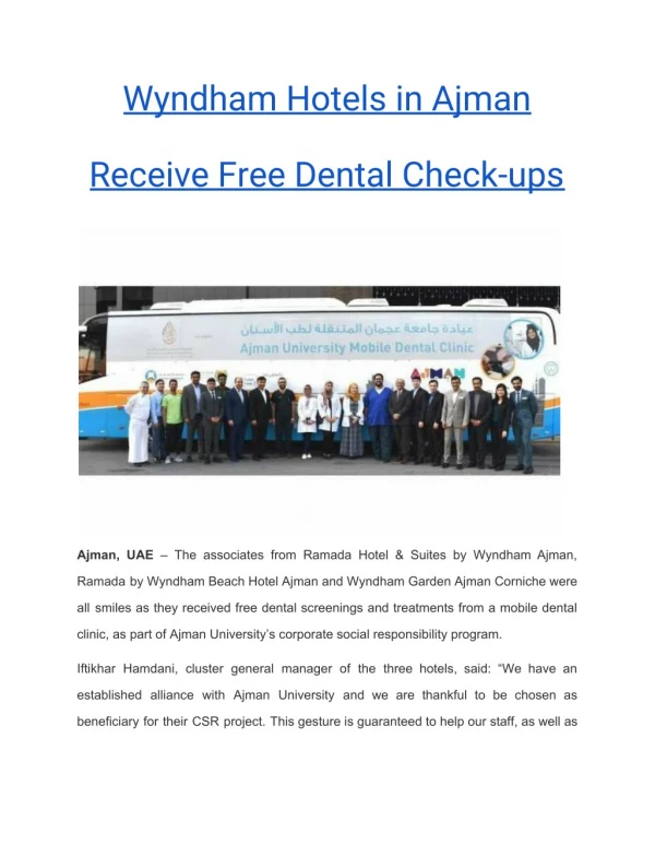 Wyndham Hotels in Ajman Receive Free Dental Check-ups