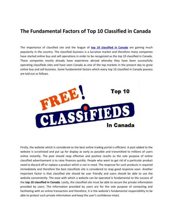 The Fundamental Factors of Top 10 Classified in Canada