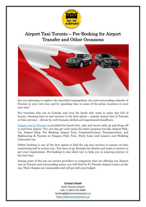 Airport Taxi Toronto – Pre-Booking for Airport Transfer and Other Occasions