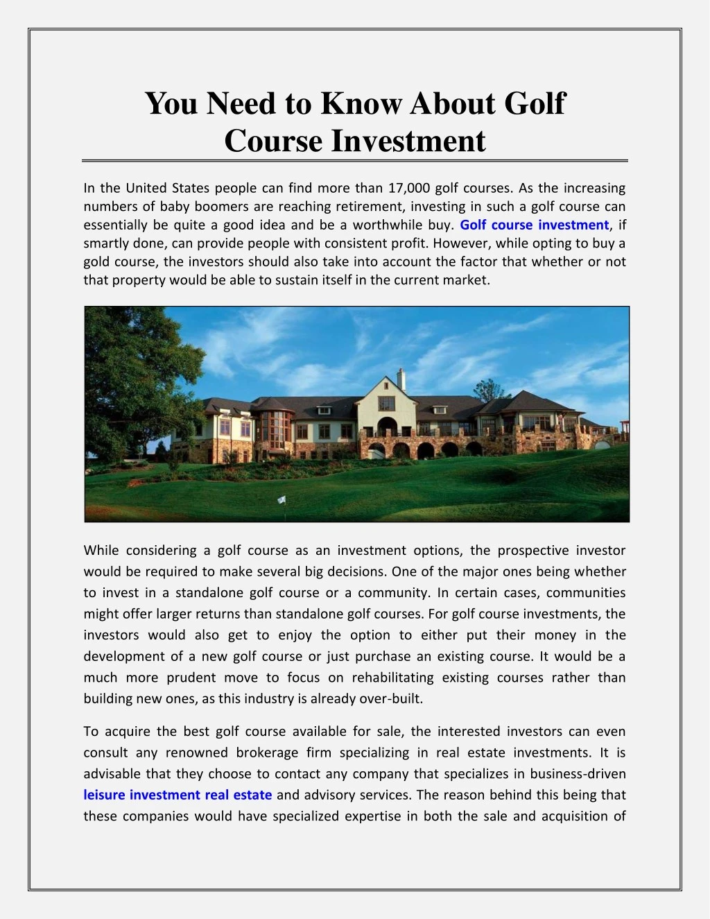 you need to know about golf course investment
