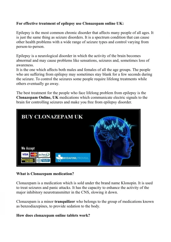 For effective treatment of epilepsy use Clonazepam online UK:
