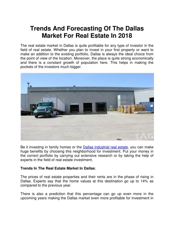 Trends And Forecasting Of The Dallas Market For Real Estate In 2018