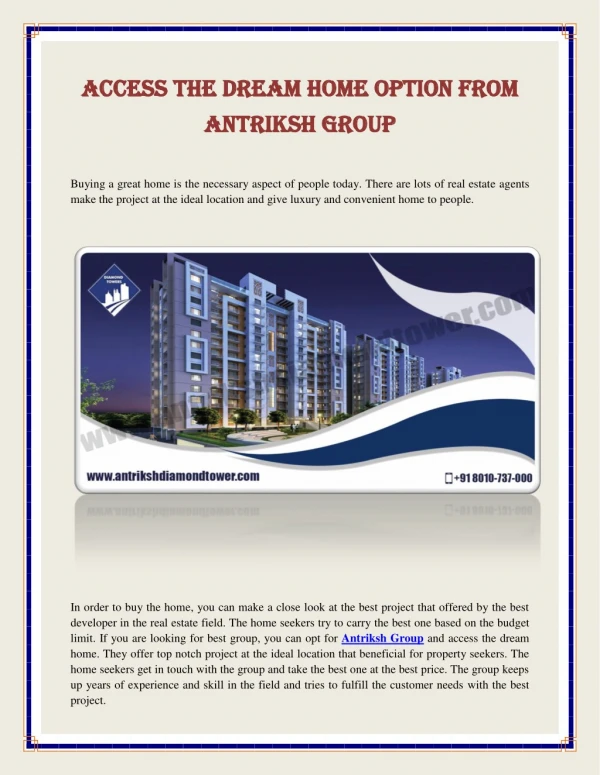 Access the Dream Home Option from Antriksh Group