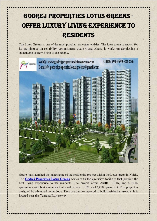 Godrej Properties Lotus Greens - Offers Luxury Living Experience to Residents
