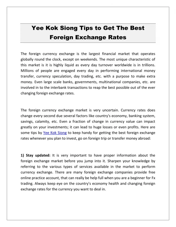 Yee Kok Siong Tips to Get The Best Foreign Exchange Rates