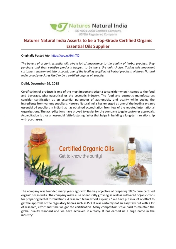 Natures Natural India Asserts to be a Top-Grade Certified Organic Essential Oils Supplier