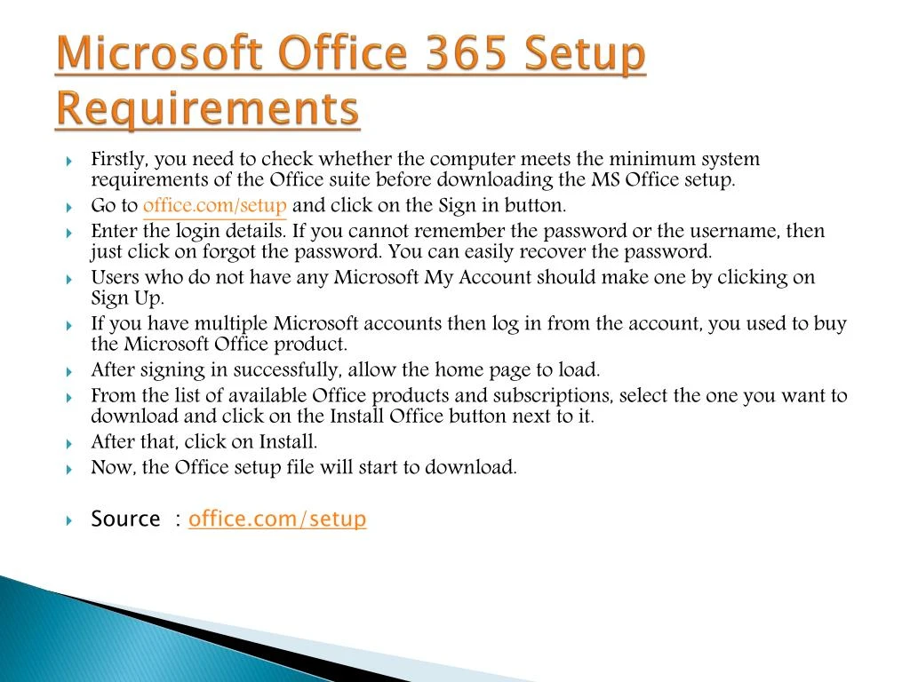 microsoft office 365 setup requirements