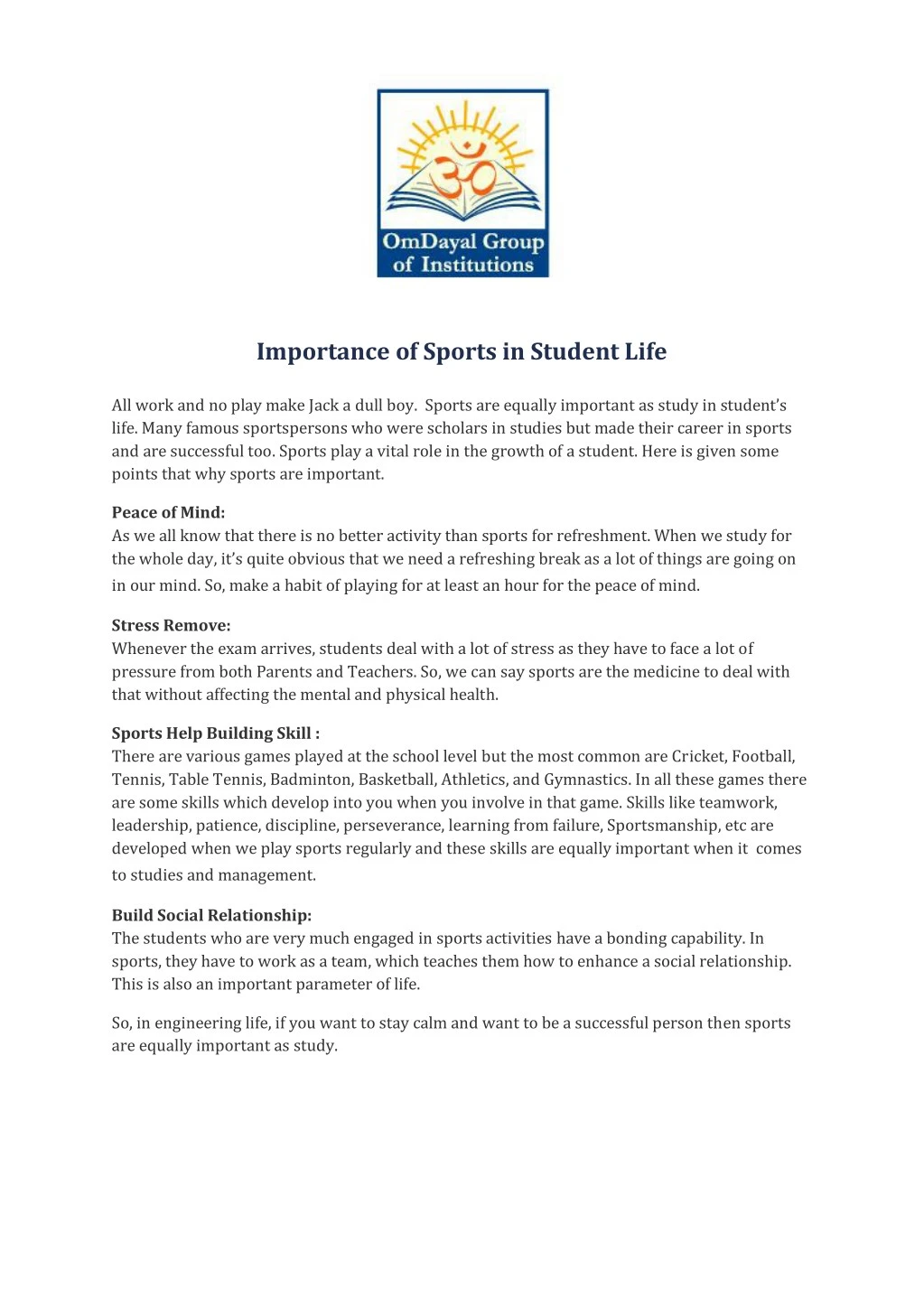importance of sports in student life