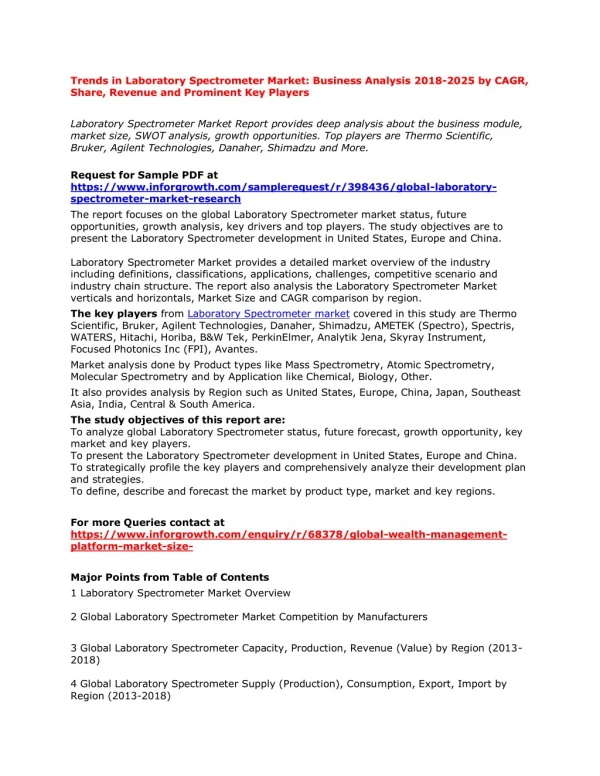 Trends in Laboratory Spectrometer Market: Business Analysis 2018-2025 by Share, Revenue and Prominent Key Players