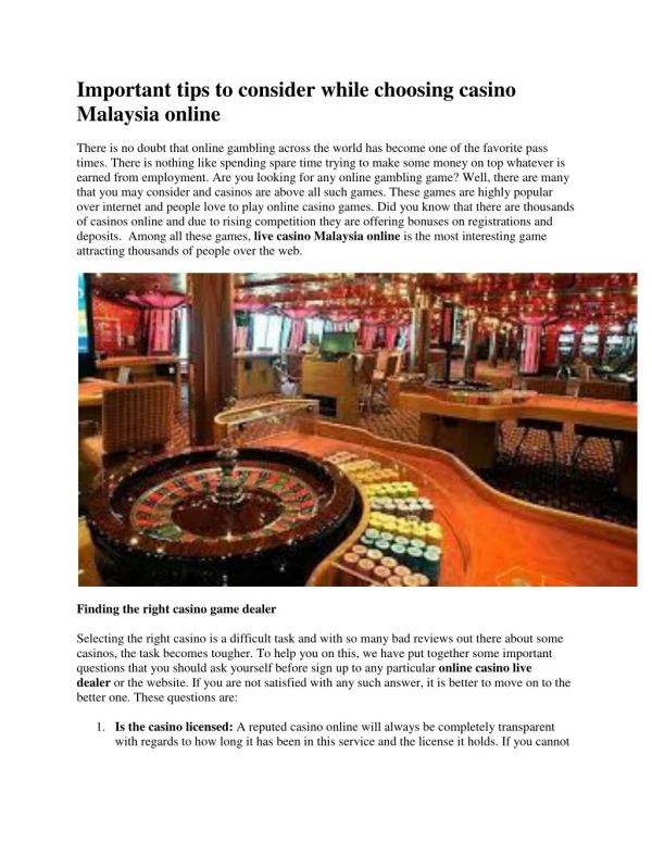 Important tips to consider while choosing casino Malaysia online